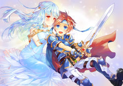 Rule 34 | 1boy, 1girl, armor, blue dress, blue eyes, blue hair, boots, cape, dress, fire emblem, fire emblem: the binding blade, fire emblem: the blazing blade, hair ornament, headband, long hair, looking at another, looking at viewer, mother and son, ninian, nintendo, red eyes, red hair, roy (fire emblem), sword, unigon (kitsutsuki), weapon