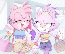 Rule 34 | 2girls, amy rose, animal ears, bag, blaze the cat, cat ears, cat girl, cat tail, closed eyes, crop top, forehead jewel, furry, furry female, gloves, hand grab, hedgehog girl, highres, maibeibi02, midriff, multiple girls, open mouth, pink fur, ponytail, purple fur, shopping bag, sonic (series), tail, white gloves, yellow eyes