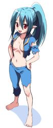 Rule 34 | 1girl, bad id, bad pixiv id, barefoot, blue hair, daburyu, fallout (series), fallout 3, fawkes, gender request, genderswap, no bra, pants, personification, pointy ears, ponytail, red eyes, shirt, solo, torn clothes, torn pants, torn shirt, vault suit