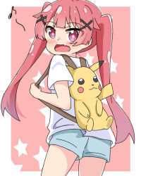 Rule 34 | 1girl, :d, backpack, bag, blue shorts, blush, commentary request, creatures (company), eighth note, fang, from behind, game freak, gen 1 pokemon, hair ornament, highres, kapuru 0410, long hair, looking at viewer, looking back, musical note, nintendo, open mouth, pikachu, pink background, pokemon, purple eyes, red hair, shirt, short shorts, short sleeves, shorts, smile, solo, star (symbol), starry background, tanemura koyori, twintails, two-tone background, very long hair, watashi ni tenshi ga maiorita!, white background, white shirt, x hair ornament