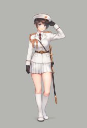 Rule 34 | 1girl, aiguillette, belt, black gloves, blue eyes, boots, braid, brown hair, buttons, closed mouth, collared shirt, full body, genso, gloves, grey background, hand on headwear, hat, highres, jacket, knee boots, lapels, long sleeves, looking at viewer, military, military hat, military uniform, miniskirt, necktie, original, peaked cap, pleated skirt, red necktie, sheath, sheathed, shirt, simple background, skirt, smile, solo, standing, sword, uniform, weapon, white footwear, white jacket, white skirt