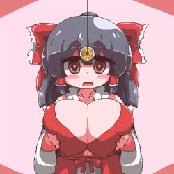 Rule 34 | 1girl, 20s, alternate breast size, animated, animated gif, aoihitsuji, ascot, black hair, blush, bow, breast hold, breasts, brown eyes, cleavage, coin, detached sleeves, female focus, hair bow, hair tubes, hakurei reimu, heart, heart-shaped pupils, holding, huge breasts, hypnosis, japanese clothes, long sleeves, looping animation, miko, mind control, multicolored background, pendulum, pink background, pixel art, red bow, red vest, short hair, smile, solo, standing, submission, swinging, symbol-shaped pupils, touhou, twisted breasts, twisting, vest, white ascot, wide sleeves