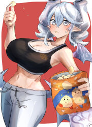 Rule 34 | 1girl, absurdres, alternate costume, breasts, calbee (potato chips), chips (food), cleavage, commission, crop top, demon girl, demon horns, demon wings, duel monster, dutch angle, eating, food, grey eyes, gym pants, hatano kiyoshi, highres, holding, holding food, horns, huge breasts, lovely labrynth of the silver castle, midriff, navel, potato chips, skeb commission, sports bra, standing, twintails, white hair, wings, yu-gi-oh!
