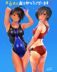 Rule 34 | 2girls, adjusting clothes, ahoge, arms up, artist self-insert, ass, back, bikini, black hair, blue one-piece swimsuit, closed mouth, commentary request, competition swimsuit, dated, hand in own hair, hand on own hip, highres, kilesha, looking at viewer, looking back, midriff, milestone celebration, mole, mole under eye, multiple girls, one-piece swimsuit, open mouth, original, red bikini, short hair, side-by-side, signature, simple background, smile, sparkle, sports bikini, standing, sweatdrop, swimsuit, tan, tanline, thigh gap, translated