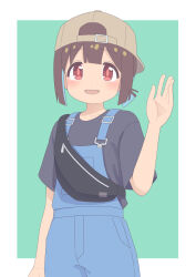 Rule 34 | 1girl, :d, backwards hat, baseball cap, black shirt, blue hair, blunt bangs, brown eyes, brown hair, commentary, fanny pack, green background, hand up, hat, highres, hozuki momiji, looking at viewer, multicolored hair, onii-chan wa oshimai!, open mouth, overalls, rundraw, shirt, short hair, short ponytail, short sleeves, simple background, smile, solo, t-shirt, two-tone hair, waving