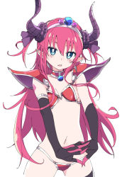 Rule 34 | 1girl, armor, bikini armor, black gloves, blue eyes, blush, breasts, curled horns, elbow gloves, elizabeth bathory (brave) (fate), elizabeth bathory (fate), fate/grand order, fate (series), gloves, horns, ixy, long hair, medium breasts, open mouth, pointy ears, purple horns, red hair, silver trim, simple background, solo, white background