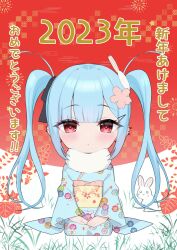Rule 34 | 1girl, 2023, absurdres, blue hair, blue kimono, chibi, chinese zodiac, closed mouth, commentary request, floral print, flower, hair flower, hair ornament, hairclip, highres, japanese clothes, kimono, long hair, looking at viewer, obi, original, pink flower, print kimono, rabbit, rabbit hair ornament, red background, red eyes, sash, seiza, sidelocks, sitting, solo, tsukiman, twintails, two-tone background, very long hair, white background, year of the rabbit