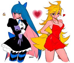 Rule 34 | 2girls, :o, ahoge, arm at side, bare arms, blonde hair, blue eyes, blue hair, blunt bangs, blush, bracelet, breasts, cleavage, collarbone, colored inner hair, commentary, cropped legs, dress, frilled dress, frills, hand on own hip, heart, highres, hugging doll, hugging object, jewelry, juliet sleeves, large breasts, long hair, long sleeves, looking at viewer, looking away, multicolored hair, multiple girls, necklace, panty &amp; stocking with garterbelt, panty (psg), pantyhose, pout, puffy sleeves, red dress, red hair, short dress, siblings, signature, sisters, soreeyu (sore-yu), stocking (psg), striped clothes, striped legwear, striped pantyhose, stuffed animal, stuffed cat, stuffed toy, symbol-only commentary, two-tone hair