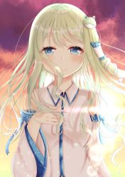 Rule 34 | arm up, backlighting, bad id, bad pixiv id, blonde hair, blue eyes, blush, detached sleeves, diffraction spikes, frog hair ornament, hair blowing, hair ornament, hair tubes, hand on own chest, highres, kochiya sanae, lens flare, long hair, looking at viewer, nibosi, outdoors, red clouds, smile, snake hair ornament, solo, standing, sunset, touhou, twilight, upper body, very long hair, wind