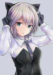 Rule 34 | 1girl, :o, anastasia (idolmaster), animal ears, black gloves, blue eyes, cat ears, color connection, cosplay, gloves, idolmaster, idolmaster cinderella girls, long sleeves, looking at viewer, nannacy7, necktie, sanya v. litvyak, sanya v litvyak (cosplay), short hair, silver hair, solo, strike witches, trait connection, world witches series