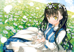 Rule 34 | 1girl, absurdres, black hair, blue dress, blush, cloud, collar, day, dress, field, flower, frills, grass, hair ornament, head wreath, highres, kantoku, lace, leaf, long hair, looking at viewer, nagisa (kantoku), open mouth, original, petals, plaid, sitting, sky, solo, two side up, yellow eyes