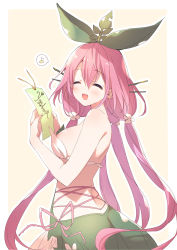 Rule 34 | 1girl, :d, ^ ^, bare shoulders, blush, breasts, character name, closed eyes, cursive, facing viewer, from side, granblue fantasy, hair between eyes, hair ornament, highres, holding, large breasts, leaf, long hair, mizuno sao, monster girl, open mouth, pink hair, plant girl, quad tails, revealing clothes, smile, solo, speech bubble, standing, upper body, very long hair, yggdrasil (granblue fantasy)