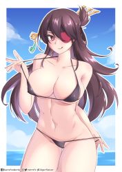 Rule 34 | 1girl, absurdres, beidou (genshin impact), bikini, bikini pull, black bikini, blue background, blue sky, breasts, brown hair, cameltoe, cleavage, cleft of venus, clothes pull, eyepatch, genshin impact, hair between eyes, hair ornament, highres, large breasts, long hair, looking at viewer, navel, nipples, outline, pulling own clothes, razrafz, red eyes, sky, smile, swimsuit, tongue, tongue out, water, white outline