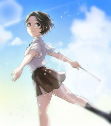 Rule 34 | 1girl, absurdres, black necktie, black socks, blue sky, blurry, brown hair, brown skirt, closed mouth, cloud, collared shirt, commentary request, day, depth of field, feet out of frame, from side, green eyes, highres, holding, kneehighs, leg up, lens flare, light blush, light particles, looking at viewer, looking to the side, minase suzu, miniskirt, necktie, outdoors, outstretched arms, parted bangs, pleated skirt, school uniform, shirt, shirt tucked in, short hair, short sleeves, shoujo kageki revue starlight, skirt, sky, smile, socks, solo, standing, standing on one leg, tareko, twirl baton, white shirt