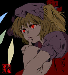 Rule 34 | 1girl, aka ringo, azuma shoujuan, biting, black background, blonde hair, bow, death note, diamond (shape), female focus, flandre scarlet, frills, glowing, glowing eyes, hair bow, hat, looking away, mob cap, one side up, parody, pink lips, puffy short sleeves, puffy sleeves, red bow, red eyes, short sleeves, sitting, slit pupils, solo, thumb sucking, thumbs up, touhou, wings
