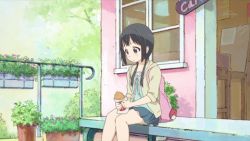 Rule 34 | 10s, 1girl, aiura, animated, animated gif, backpack, bag, bare legs, black eyes, black hair, blinking, chewing, covering own mouth, eating, food, hood, hoodie, low twintails, lowres, non-web source, screencap, sitting, skirt, sleeves rolled up, solo, surprised, taiyaki, thighs, twintails, uehara ayuko, wagashi
