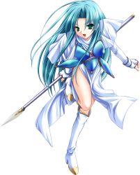 Rule 34 | 1girl, aqua hair, armor, armored dress, boots, full body, gloves, green eyes, highres, long hair, open mouth, polearm, solo, spear, transparent background, weapon