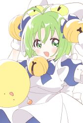 Rule 34 | 1girl, ahoge, animal hat, apron, bell, blue bow, blue bowtie, blue dress, bow, bowtie, cat hat, commentary, dejiko, di gi charat, dress, dress bow, frilled dress, frills, gema, gloves, green eyes, green hair, hair bell, hair ornament, hair ribbon, hands on own head, hat, highres, jingle bell, maid apron, namori, neck bell, parted bangs, puffy short sleeves, puffy sleeves, ribbon, short hair, short sleeves, smile, white apron, white background, white gloves, white headwear