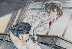Rule 34 | 1girl, black eyes, black hair, black skirt, blouse, classroom, clothes pull, commentary request, cowboy shot, hair ribbon, highres, katsu (24791909), kimi no na wa., looking at viewer, looking to the side, miyamizu mitsuha, one-piece swimsuit pull, pleated skirt, red ribbon, ribbon, school swimsuit, school uniform, shirt, short sleeves, skirt, swimsuit, swimsuit under clothes, table, traditional media, undressing, white shirt, window