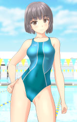 Rule 34 | 1girl, absurdres, aqua one-piece swimsuit, blue sky, blunt bangs, blurry, breasts, brown eyes, brown hair, cloud, collarbone, commentary request, competition swimsuit, cowboy shot, day, depth of field, hand on own hip, highleg, highleg swimsuit, highres, looking at viewer, medium breasts, one-piece swimsuit, original, outdoors, pool, short hair, sky, solo, string of flags, swimsuit, takafumi
