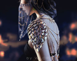 Rule 34 | 1girl, armor, artist name, bare back, black hair, blurry, blurry background, depth of field, from side, ghostblade, hair over shoulder, harem outfit, head out of frame, highres, jewelry, lips, long hair, mouth veil, parted lips, princess aeolian, shoulder armor, solo, veil, wlop