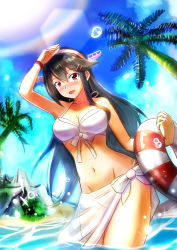 Rule 34 | 10s, 1girl, arm up, bikini, black hair, blush, breasts, cleavage, collarbone, commentary request, day, front-tie top, hair ornament, hairband, hairclip, haruna (kancolle), hhh (wave), innertube, kantai collection, large breasts, long hair, looking at viewer, navel, open mouth, outdoors, partially submerged, red eyes, side-tie bikini bottom, sky, smile, solo, standing, sunlight, swim ring, swimsuit, tree, wading, water, wet, white bikini