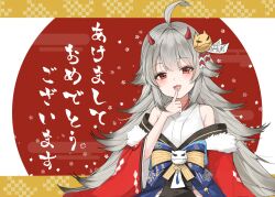 Rule 34 | 1girl, ahoge, azur lane, bare shoulders, black hair, blush, dorok, fang, finger to mouth, gradient hair, grey hair, hair ornament, happy new year, hibiki (azur lane), hibiki (new year&#039;s little imp) (azur lane), highres, horns, japanese clothes, kimono, multicolored hair, new year, off shoulder, official alternate costume, open mouth, red eyes, red horns, red kimono, red sleeves, smile, solo