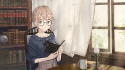 Rule 34 | 1girl, aspen (please be happy), blonde hair, blouse, book, bookshelf, bow, collarbone, cup, curtains, earrings, glasses, green eyes, highres, jewelry, kobuta, lamp, looking at viewer, mug, necklace, official art, open book, please be happy, shirt, solo, table, window