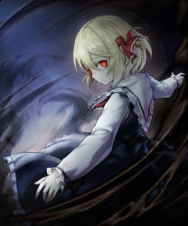 Rule 34 | 1girl, abstract background, arms up, black skirt, black vest, blonde hair, capelet, commentary request, darkness, expressionless, frilled capelet, frilled skirt, frills, from side, glowing, glowing eyes, gradient background, hair between eyes, hair ribbon, head tilt, highres, looking at viewer, looking back, no legs, outstretched arms, red eyes, red neckwear, ribbon, rumia, shirt, skirt, solo, spark621, spread arms, thick eyebrows, touhou, vest, white shirt