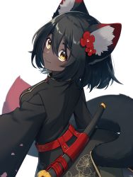 Rule 34 | 1girl, absurdres, animal ear fluff, animal ears, black hair, black jacket, black skirt, breasts, cat ears, cat girl, cat tail, closed mouth, commentary request, copyright request, dark-skinned female, dark skin, floral print, flower, from behind, hair between eyes, hair flower, hair ornament, highres, jacket, katana, long sleeves, looking at viewer, looking back, medium breasts, print skirt, red flower, sakura chiyo (konachi000), sheath, simple background, skirt, smile, solo, sword, tail, virtual youtuber, weapon, white background, wide sleeves, yellow eyes