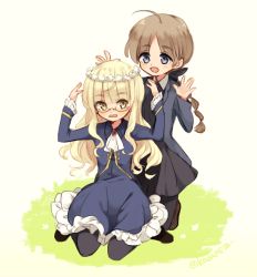 Rule 34 | 2girls, :d, adapted costume, ahoge, ascot, bad id, bad twitter id, black legwear, blonde hair, blue dress, blue eyes, blush, braid, brown hair, dress, flower, flower wreath, frilled dress, frilled sleeves, frills, glasses, grass, head wreath, kneeling, kodamari, long hair, looking at another, lynette bishop, military, military uniform, multiple girls, open mouth, pantyhose, perrine h. clostermann, simple background, single braid, sitting, smile, strike witches, twitter username, uniform, wavy hair, white background, world witches series, yellow eyes
