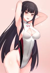 Rule 34 | 1girl, arms behind head, black hair, blunt bangs, breasts, cleavage cutout, clothing cutout, commentary request, counter:side, covered navel, cowboy shot, female focus, highleg, highleg swimsuit, highres, jageungansik, korean commentary, large breasts, looking at viewer, official alternate costume, one-piece swimsuit, red eyes, solo, swimsuit, white one-piece swimsuit, yen xing lanchester