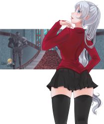 Rule 34 | 1girl, absurdres, alex kellar, ass, black skirt, black thighhighs, blue eyes, commentary, cosplay, earrings, english commentary, fate/stay night, fate (series), highres, jewelry, long hair, pantylines, pleated skirt, ponytail, rwby, scar, scar across eye, scar on face, side ponytail, skirt, sweater, thighhighs, thighs, tiara, tohsaka rin, tohsaka rin (cosplay), transparent background, weiss schnee, white hair, zettai ryouiki