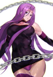Rule 34 | 1girl, ashiomi masato, bare shoulders, black dress, boots, breasts, chain, choker, collar, commentary request, dress, elbow gloves, facial mark, fate/grand order, fate/stay night, fate (series), female focus, forehead mark, gloves, large breasts, long hair, looking at viewer, matching hair/eyes, medusa (fate), medusa (rider) (fate), panties, parted bangs, purple eyes, purple hair, purple panties, sidelocks, skin tight, sleeveless, thigh boots, thighhighs, thighs, underwear, upskirt, very long hair