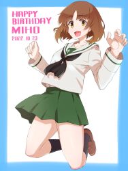 Rule 34 | 1girl, birthday, black neckerchief, black socks, blouse, blue border, border, brown eyes, brown footwear, brown hair, commentary, dated, english text, floating, girls und panzer, green skirt, happy birthday, highres, legs up, loafers, long sleeves, looking at viewer, miniskirt, neckerchief, nishizumi miho, ooarai school uniform, open mouth, oritako, pleated skirt, sailor collar, school uniform, serafuku, shirt, shoes, short hair, skirt, smile, socks, solo, white sailor collar, white shirt