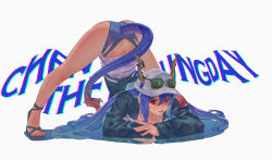 Rule 34 | 1girl, absurdres, arknights, ass, bare legs, baseball cap, bikini, bikini bottom only, black jacket, blue bikini, blue hair, breasts, ch&#039;en (arknights), character name, chinese commentary, chromatic aberration, cleavage, crossed arms, dragon girl, dragon horns, dragon tail, expressionless, eyewear on headwear, fang, full body, grey background, hair between eyes, hat, highres, horns, jack-o&#039; challenge, jacket, long hair, long sleeves, looking at viewer, medium breasts, official alternate costume, open mouth, red eyes, reflection, reflective floor, rui (gsr1982), sandals, simple background, skin fang, solo, spread legs, sunglasses, swimsuit, tail, thighs, toes, top-down bottom-up, white hat