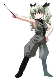 Rule 34 | 1girl, absurdres, adapted costume, anchovy (girls und panzer), anzio military uniform, belt, black belt, black footwear, black necktie, black ribbon, black shirt, blouse, boots, commentary, dress shirt, drill hair, full body, girls und panzer, green hair, grey jacket, grey pants, grin, hair ribbon, hand on own hip, highres, holding, holding riding crop, jacket, jodhpurs, kamishima kanon, knee boots, long hair, looking to the side, military, military uniform, necktie, pants, pants tucked in, red eyes, ribbon, riding crop, sam browne belt, shirt, simple background, sleeveless, sleeveless jacket, smile, solo, standing, twin drills, twintails, uniform, white background, wing collar
