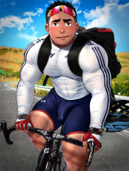 Rule 34 | 1boy, artisticjinsky, bara, bicycle, black hair, black shorts, blush, bulge, covered erect nipples, day, erection, erection under clothes, fingerless gloves, gloves, highres, large pectorals, looking at viewer, male focus, muscular, muscular male, original, outdoors, pectorals, red gloves, riding, riding bicycle, shirt, short hair, shorts, smile, solo, thick thighs, thighs, white shirt