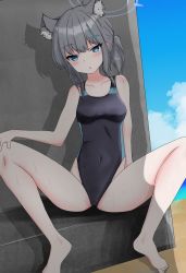 Rule 34 | 1girl, absurdres, animal ear fluff, animal ears, barefoot, black one-piece swimsuit, blue archive, blue eyes, blue sky, breasts, cloud, competition swimsuit, covered navel, cross hair ornament, extra ears, grey hair, hair ornament, halo, highres, looking at viewer, low ponytail, medium breasts, medium hair, mismatched pupils, multicolored clothes, multicolored swimsuit, one-piece swimsuit, poru, shiroko (blue archive), shiroko (swimsuit) (blue archive), sitting, sky, solo, spread legs, swimsuit