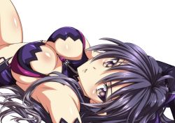 Rule 34 | 10s, 1girl, breasts, cleavage, date a live, large breasts, long hair, looking at viewer, lying, navel, purple eyes, purple hair, solo, thighs, yatogami tooka, yatogami tooka (true form)