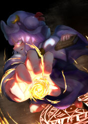 Rule 34 | 1girl, absurdres, book, crescent, crescent hat ornament, dress, foreshortening, from side, glowing, glowing eyes, hat, hat ornament, highres, holding, holding book, long sleeves, magic, magic circle, mob cap, patchouli knowledge, pink hat, purple dress, purple eyes, purple hair, solo, sotatsudraw, touhou