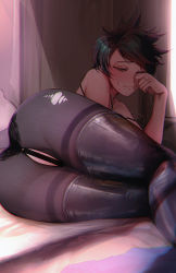 Rule 34 | 1girl, ass, bar censor, black hair, black panties, black pantyhose, censored, closed mouth, clothing aside, commentary, commentary request, english commentary, hand up, highres, housou-kun, indoors, lying, messy hair, mixed-language commentary, on side, one eye closed, overwatch, overwatch 1, paid reward available, panties, panties aside, pantyhose, rubbing eyes, short hair, sleepy, strap slip, thighband pantyhose, thighhighs, torn clothes, torn legwear, tracer (overwatch), underwear, yellow eyes