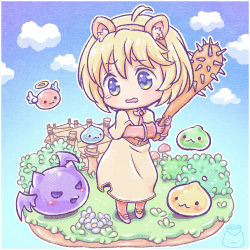 Rule 34 | 1girl, acolyte (ragnarok online), ahoge, angeling, animal ears, blonde hair, blue eyes, blush, border, brown capelet, brown gloves, brown pantyhose, brown shirt, brown skirt, capelet, chibi, cloud, club, club (weapon), commentary request, deviling, drops (ragnarok online), fake animal ears, full body, gloves, holding, holding weapon, long sleeves, marin (ragnarok online), nyamen2828, open mouth, pantyhose, poporing, ragnarok online, shirt, shoes, short hair, skirt, slime (creature), spiked club, standing, weapon, white border