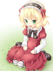 Rule 34 | 10s, 1girl, blonde hair, bow, dress, grass, green eyes, hairband, idolmaster, idolmaster cinderella girls, layered sleeves, lolita hairband, long sleeves, mary janes, open mouth, pantyhose, red dress, sakurai momoka, shoes, short over long sleeves, short sleeves, sitting, smile, solo, striped clothes, striped pantyhose, tilm, wariza