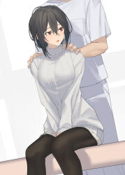 Rule 34 | 1boy, 1girl, black hair, black pantyhose, blush, breast pocket, commentary request, hair between eyes, hands on another&#039;s shoulders, highres, original, pallad, pantyhose, pocket, red eyes, shirogane sumire (pallad), shirt, short hair, short shorts, short sleeves, shorts, simple background, sitting, sweater, turtleneck, turtleneck sweater, white background, white shirt, white shorts, white sweater