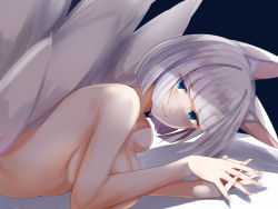 Rule 34 | 1girl, animal ears, azur lane, blue eyes, blunt bangs, breasts, eyeliner, eyeshadow, fingernails, fox ears, fox girl, fox tail, from side, kaga (azur lane), large breasts, lips, looking at viewer, lying, makeup, multiple tails, nude, on bed, on stomach, schreibe shura, short hair, smile, solo, tail, white hair