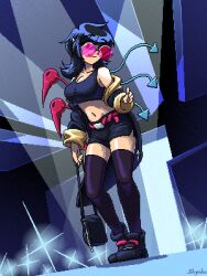 Rule 34 | 1girl, absurdres, alternate costume, asymmetrical wings, bag, belt, black footwear, black hair, black jacket, black shorts, black sports bra, black thighhighs, blue wings, boots, breasts, cleavage, closed mouth, commentary, dutch angle, english commentary, full body, handbag, highres, holding, holding bag, houjuu nue, jacket, long sleeves, looking at viewer, medium bangs, medium breasts, medium hair, midriff, navel, open clothes, open jacket, pink-tinted eyewear, pixel art, pointy ears, red belt, red eyes, red wings, rimless eyewear, shorts, shyraku, sitting, smile, solo, sports bra, spotlight, sunglasses, thighhighs, tinted eyewear, touhou, twitter username, wings