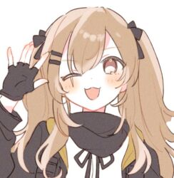 Rule 34 | 1girl, arm up, black gloves, black jacket, blush, brown hair, commentary request, fingerless gloves, girls&#039; frontline, gloves, hair between eyes, jacket, long hair, looking at viewer, nig 18, one eye closed, open clothes, open jacket, open mouth, red eyes, scar, scar across eye, scar on face, shirt, simple background, smile, solo, twintails, ump9 (girls&#039; frontline), white background, white shirt