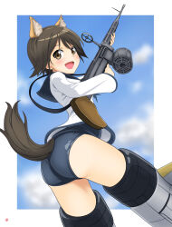 Rule 34 | 1girl, :d, absurdres, animal ears, ass, black sailor collar, blue sky, blush, brown eyes, brown hair, cloud, cloudy sky, commentary, day, dog ears, dog tail, flying, from side, gun, highres, holding, holding gun, holding weapon, long sleeves, looking at viewer, looking back, machine gun, miyafuji yoshika, nao suke, no pants, open mouth, outdoors, sailor collar, sailor shirt, school swimsuit, shirt, short hair, sky, smile, solo, strike witches, striker unit, swimsuit, swimsuit under clothes, tail, type 99 light machine gun, weapon, white shirt, world witches series