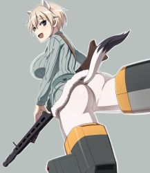 Rule 34 | 1girl, animal ears, ass, blonde hair, blue background, blue eyes, blush, brave witches, breasts, gun, large breasts, looking at viewer, looking back, monochrome background, nanashino, nikka edvardine katajainen, open mouth, pantyhose, rifle, shiny clothes, shiny skin, simple background, smile, solo, striker unit, sweater, tail, weapon, weasel ears, weasel tail, white pantyhose, world witches series